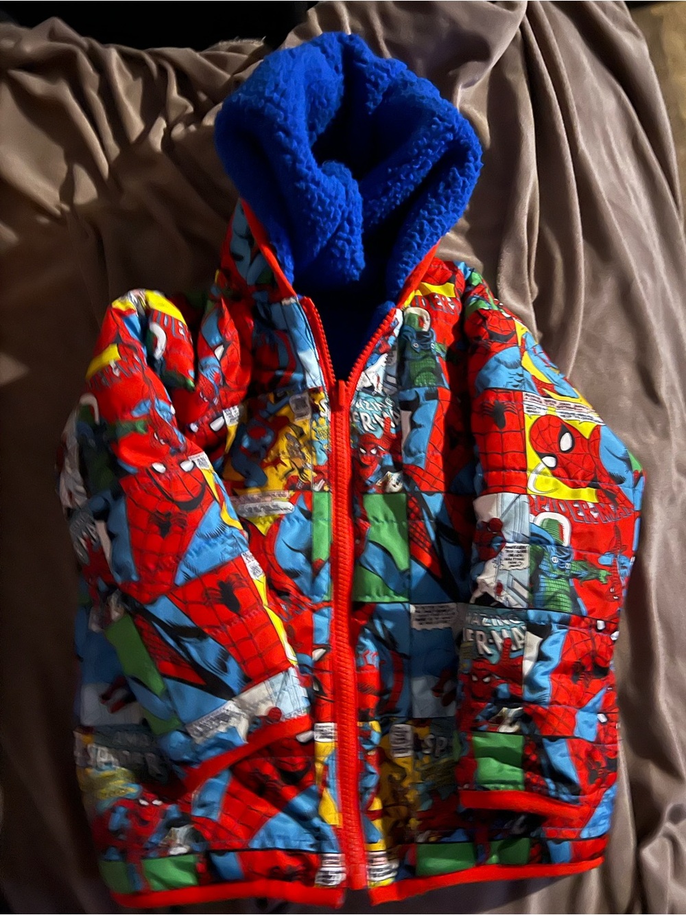 Kids Red Spider-Man Comic Puffer Jacket with Blue Hood